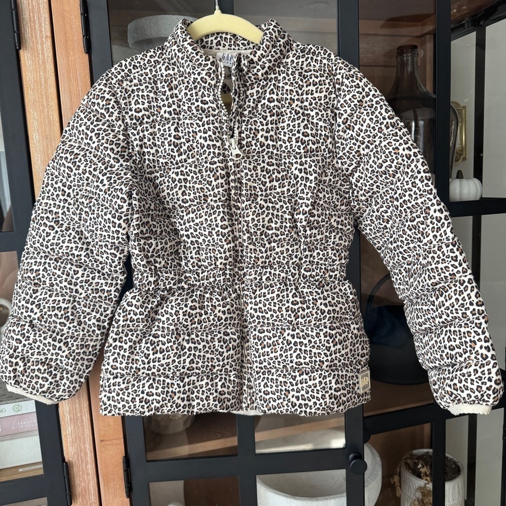 GAP Kids puffer jacket coat toddler girl leopard animal print cinched zipper up